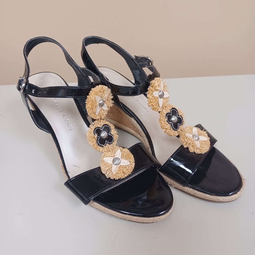 Cork wedge slingback patent leather sz 9
